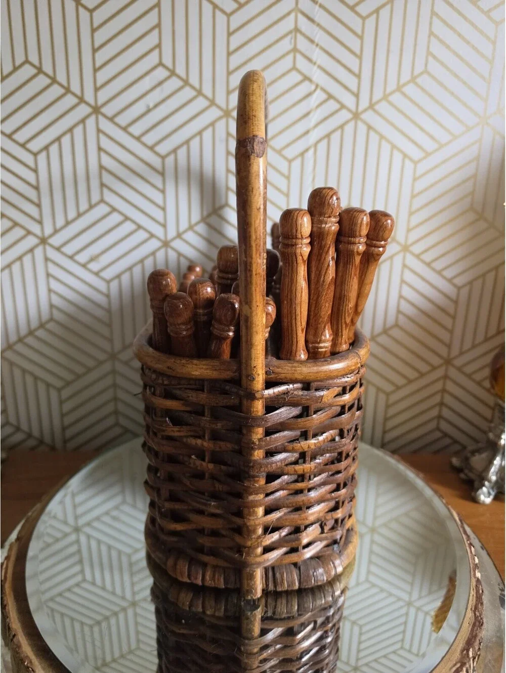 Vintage Lifetime Cutlery Old Homestead Wood Handle Flatware w Wicker Caddy 59pc
